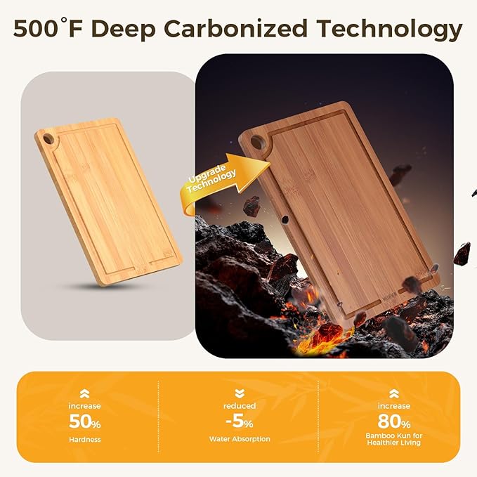 Bamboo Cutting Board for Kitchen, Wooden Cutting Board 3-Piece Set with Non-Slip Mat Deep Juice Groove and Built-In Handles, Wood Cutting Board for Meat Vegetables Fruit Ideal Gift for the Home