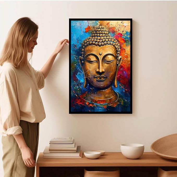 Golden Serenity Buddha Vintage Painting Wall Art Spirituality and Modern Art Wall Decor Adds Brilliance to Vibrant Home Decor 24x36in Metal blackFramed
