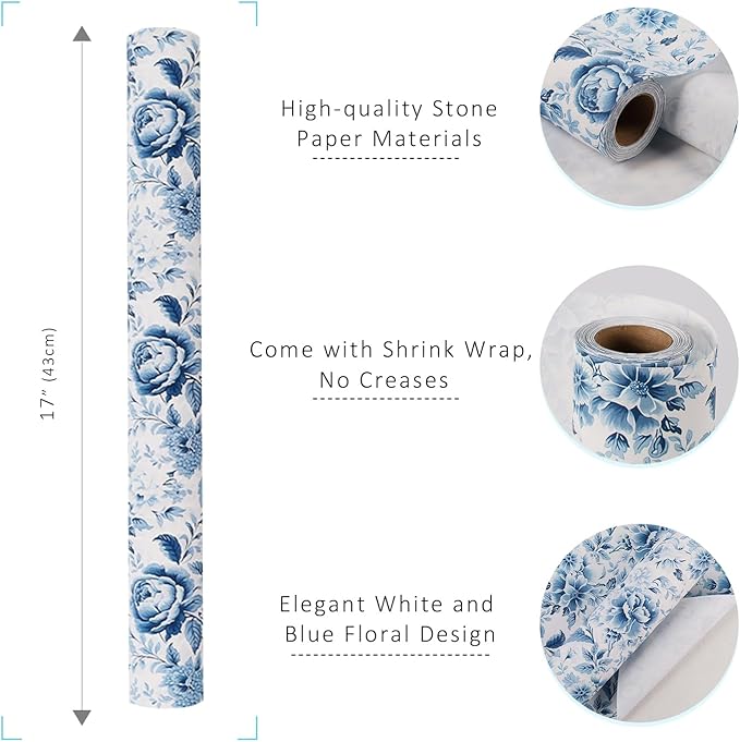 BIOBROWN Floral Wrapping Paper Jumbo Roll - 17 Inch X 33 Feet (82.5 sq. ft. ttl.) Blue White Peony Design Chinoiserie Gift Wrap Stone Paper for Christmas, Wedding, Bridal Shower, Mother's Day