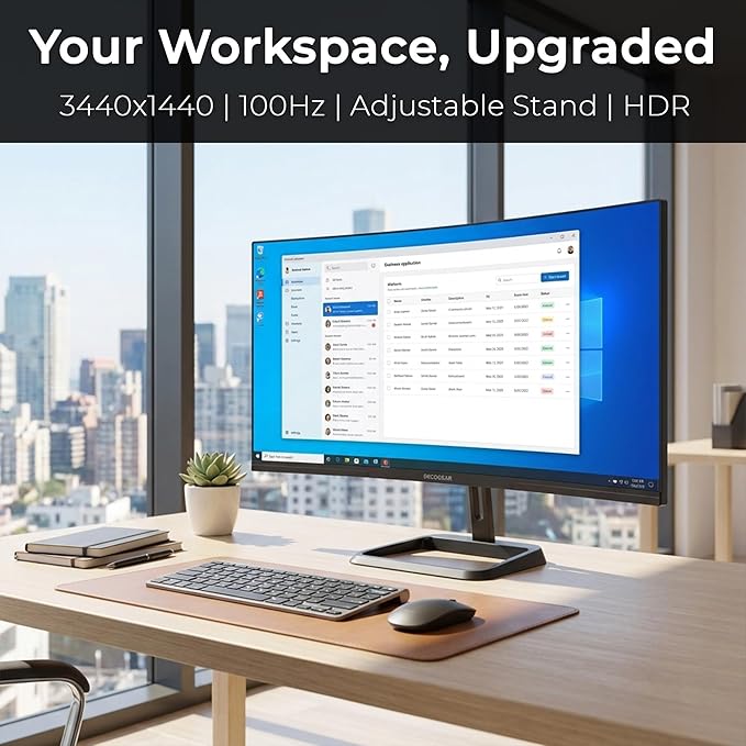 Deco Gear 34-Inch Business Curved Super UltraWide WQHD Monitor 3440 × 1440 R1500 100Hz 1ms 99% sRGB HDR 2× DisplayPort 2× HDMI Tilt Adjustable PIP/PBP Low Blue Light, American Seller