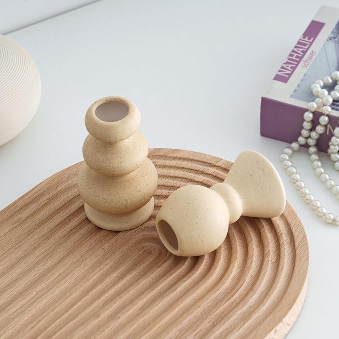 Taper Ceramic Candle Holders, Set of 2 Matte Boho Decorative Candlestick Holders,Table Decor Centerpiece for Home Decor Dinning Wedding Party Aromatherapy Votive (Matte Ivory, Style A)