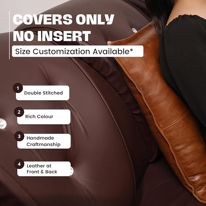 D DOLLY LAMB Lambskin Leather Pillow Cover - Sofa Cushion Case - Decorative Throw Covers for Living Room & Bedroom, 14x14 Inches - Tan Orange Box Pack of 2