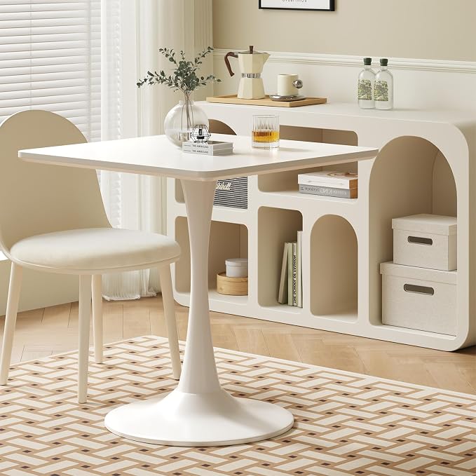 White Square Tulip Table for 2 Person, 24 Inch Small Dining Table with Metal Pedestal Base for Kitchen, Mid Century Modern Table with Round Corners for Living Room, Cafe, Office, Pub, Bar, Bistro