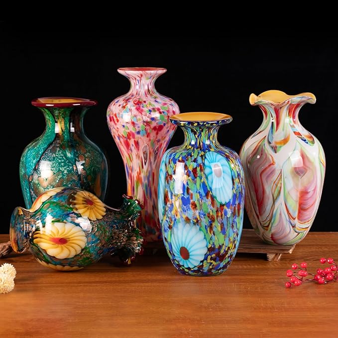 KAMMAK Colored Glass Vase, Beautiful Hand Blown Decorative Vase, Modern Art Vase for Flower Mantle Dining Table Centerpiece, Entryway Living Room Wedding Decoration, SKQ006
