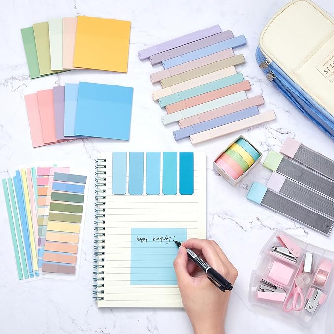 Sinload 60 Pcs Aesthetic Book Annotation Kit School Supplies Cute Pencil Case 12 Highlighter 5 Gel Pen 6 Mechanical Pencil 5 Magnetic Bookmark 1220 Pcs Sticky Note Tab Student Stationary(Light Blue)