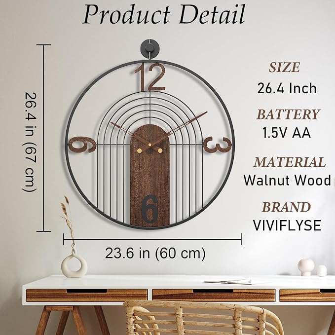 Large Modern Walnut Dial Wall Clock, Wood Metal Frame Silent Non Ticking Decoration Wall Clocks for Living Room, Bedroom, Kitchen, Study, Handmade Home Decor Gift Idea, 26.4 Inch