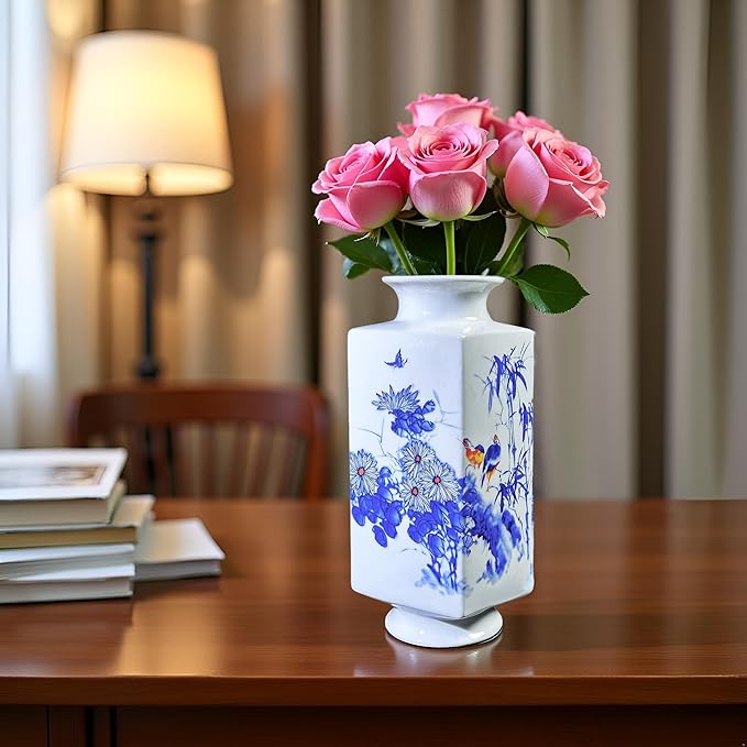 MTME Porcelain Figurines, Jingdezhen Decorative Flower vase, Home Decor, Wedding Gifts, Aesthetic Sculpture Home décor (Bamboo & Bird)