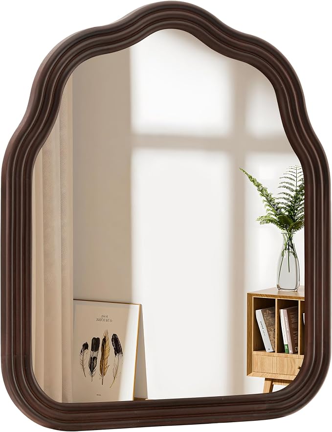 Tanmicoshomy Wood Arch Bathroom Mirror 30x36 Inch, Rustic Wavy Wooden Framed Mirrors with Tempered Glass for Living Room, Bedroom or Entryway (Dark Brown)