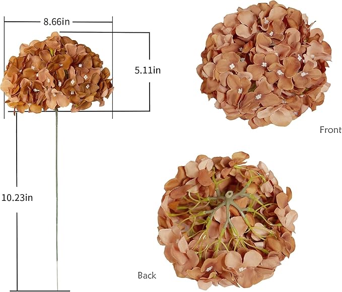 DuHouse Hydrangea Silk Flowers Artificial Hydrangea Heads with Stem Fake Flowers for Wedding Home Garden Centerpiece Pack of 6 (Coffee)