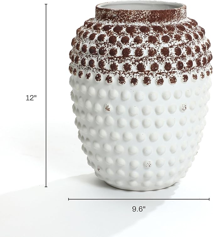 LuxenHome Ceramic Flower Vase,Rustic Decorative Vase for Home Decor,Vintage White and Brown Beaded 12-Inch Tall Urn Vase Shelf Decor Room Decor Entry Way Table Home Decor