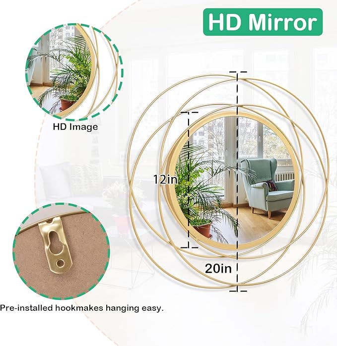 Gold Wall Mirror Mounted Round Decorative Mirrors with Iron Metal Wire Frame Mirror for Wall, Home Decorative Bathroom Vanity, Living Room or Bedroom White Small 20” x 20”