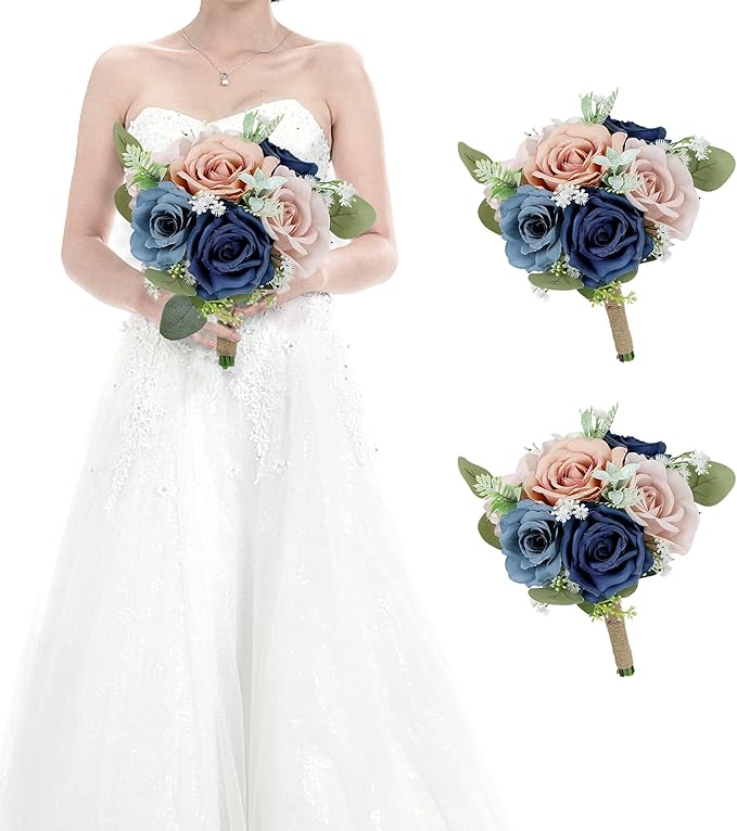 Set of 2 Bridesmaid Bouquets for Wedding - 7 Inch Artificial Flowers Bouquets for Ceremony Anniversary Centerpieces Decorations - Navy Blue and Dusty