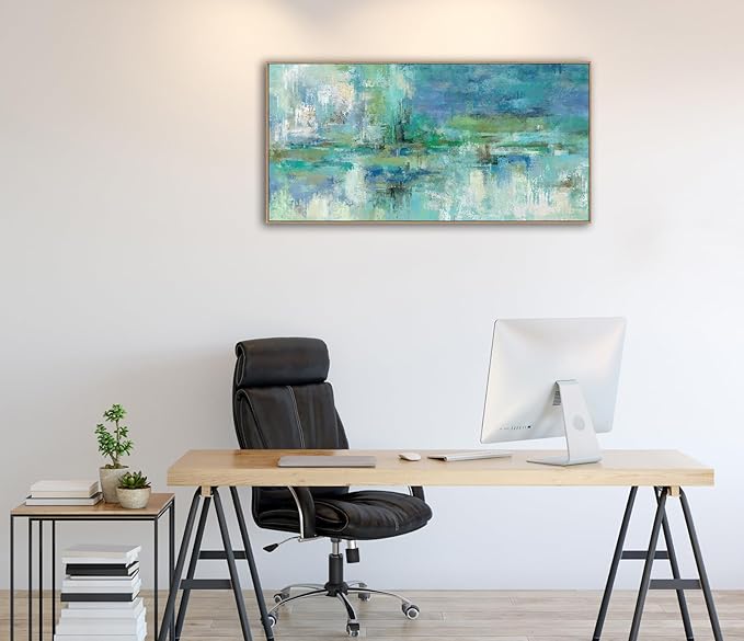 VEAEE Teal Framed Abstract Wall Art - Turquoise Green Colorful Modern Canvas Pictures, Living Room Wall Decor, Contemporary Landscape Painting Prints for Bedroom Bathroom Office Decor 20" x 40"