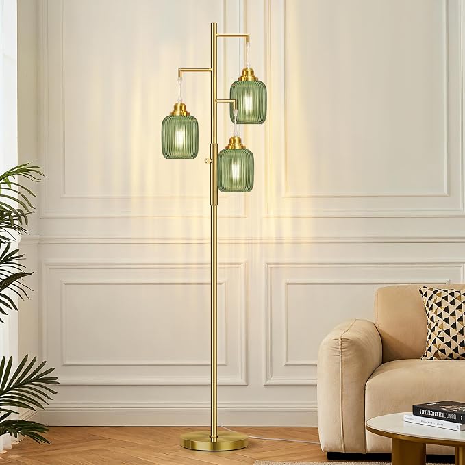 ROTTOGOON Dimmable Gold Floor Lamp for Living Room- 3 Light Green Glass Floor Lamps, Vintage Brass Tree Floor Lamps with 3X 6W LED Bulbs, Modern Standing Tall Lamp for Bedroom, 68", Gold & Green Glass