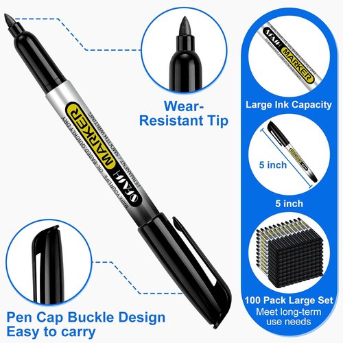 SFAIH Black Permanent Markers - Quick Drying Fine Point for School & Office | Durable Waterproof Ink