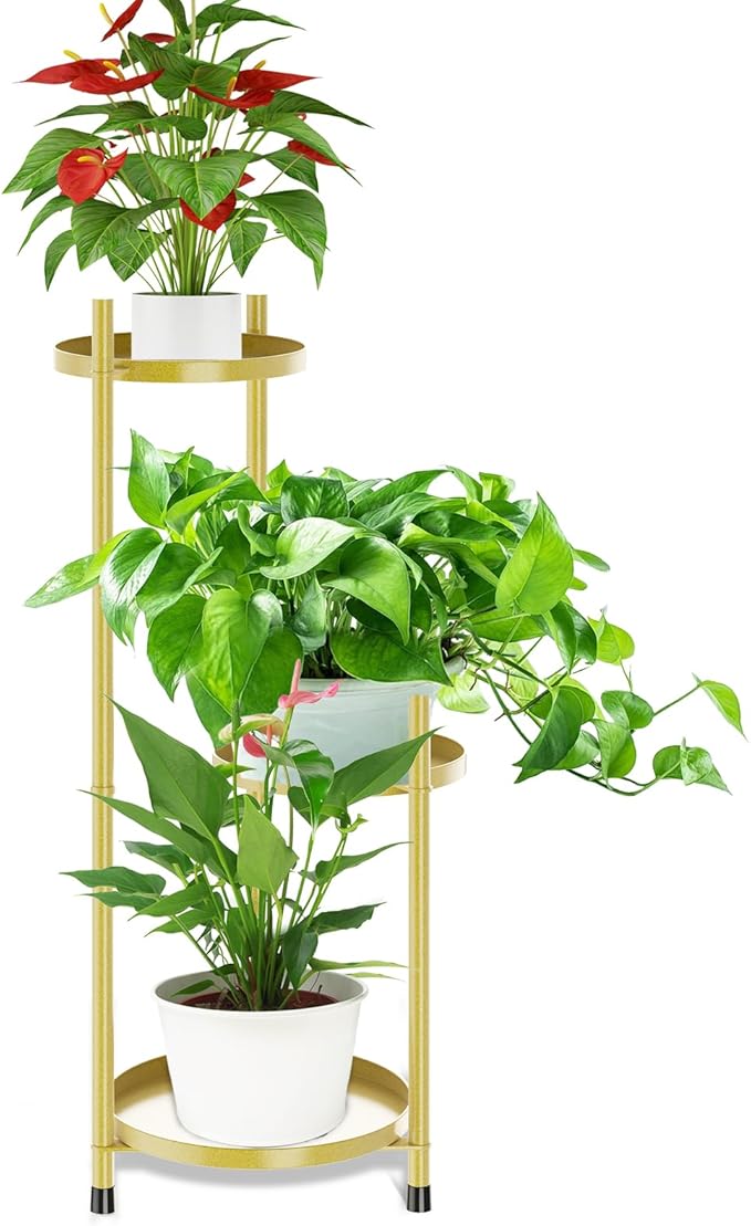 3 Tier Plant Stand Indoor Tall, Black Corner Tiered Round Plant Stand for Indoor Multiple Plants, Metal Flower Pot Stands Outdoor Holders Plant Shelf Display Rack for Balcony Living Room (3 Tier-Golden)