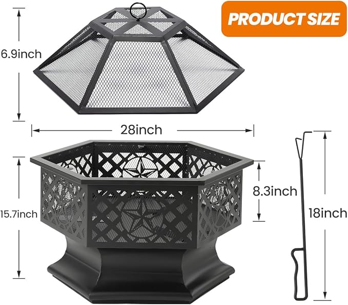 Panovue 28 Inch Hex-Shaped Fire Pit,Wood Burning Fire Pits for Outside with Spark Screen&Poker,Metal Hexagon Outdoor Firepit for Backyard,Bonfire,Patio,Party,Garden,Picnic and Camping(28'' Black)
