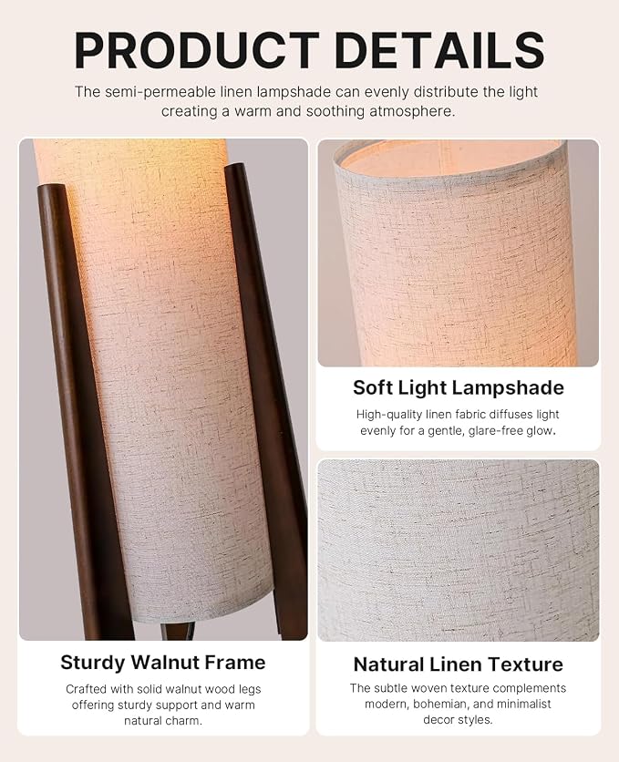 Walnut Wood Tripod Floor Lamp, 48.8 in High Vintage Column Floor Lamps with White Fabric Lampshade, Mid Century Modern Floor Lamp for Bedroom Living Room Home Office (Walnut)