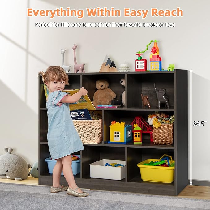 KOTEK Toy Storage Organizer, 8 Cubby Kids Bookshelf, Wooden 4-Tier Bookcase Storage Cabinet, Open Display Book Shelf for Daycare, Nursery, School Classroom, Playroom & Bedroom (Grey, 8 Cubes)