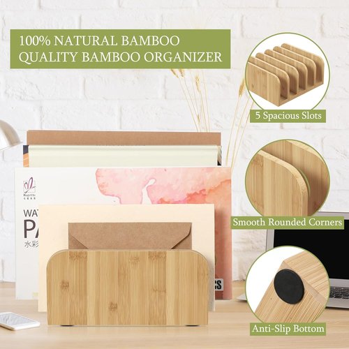 Lineshading Bamboo Desk Mail Organizer - 5 Compartment File Holder with Anti-Slip Mat for Home Office