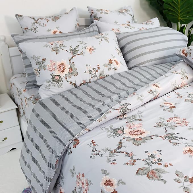 FADFAY Duvet Cover Set Full Elegant Floral Bedding Shabby Grey Bird Print Flower Quilt Cover Set Vintage Farmhouse Bedding 100% Cotton Soft Comforter Cover Set with Zipper Closure 3Pcs, Full Size