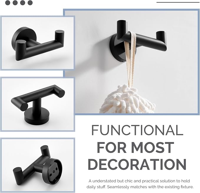 Angle Simple Double Towel Hook, SUS304 Stainless Steel Bathroom Hand Towel Holder, Coat Hook for Wall, Matte Black
