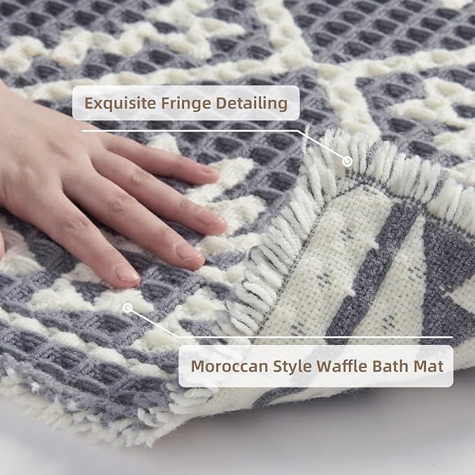 PADOOR-Waffle Bath Mat 24"x36"-Super Absorbent Bath Mats for Bathroom, Machine Washable Non Slip Bathroom Rug with Tassels, Soft Bathroom Mat for Laundry Room, Bedroom, Grey & Cream, 2'x 3'