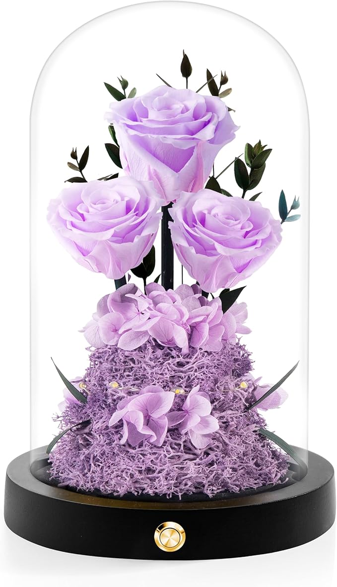 Christmas Flowers Roses Gifts for Mom,Forever Real Preserved Roses in Glass Dome,Christmas Anniversary Thanksgiving Gifts for Wife Girlfriend Women Best Friend Grandma/Light Purple