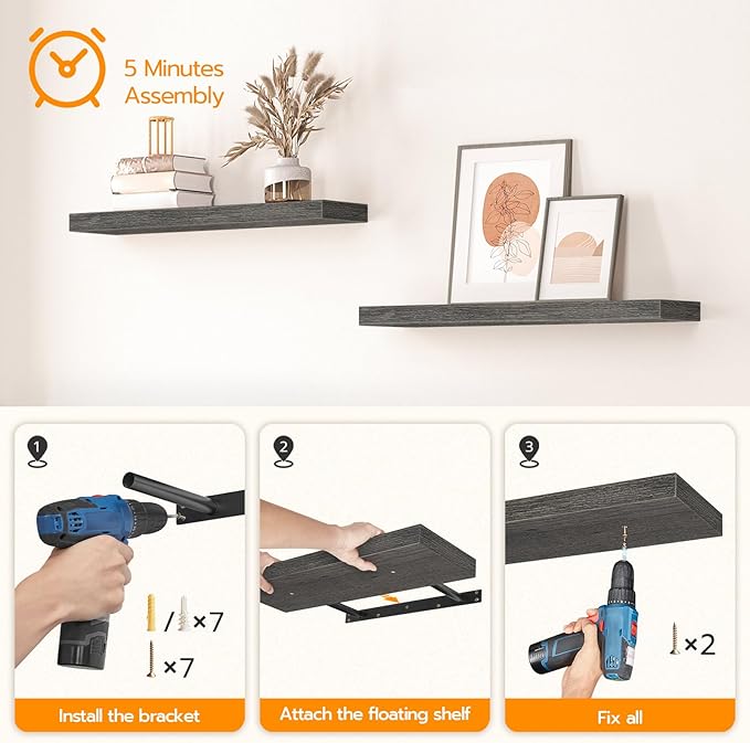 HOOBRO Floating Shelves for Wall, Wall Mounted Shelf Set of 2, 23.6" Hanging Shelf with Invisible Brackets, for Wall Decor Storage in Bathroom Bedroom Kitchen Livingroom Office, Charcoal Gray BC60BJ01