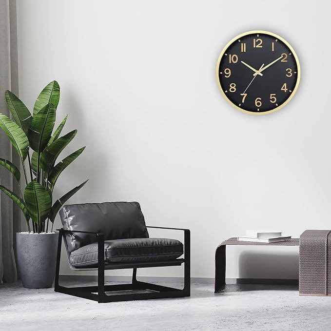 Wall Clocks Battery Operated 10 inch Modern Wall Clock,Silent Non Ticking Wall Clock for Living Room Bedroom Kitchen Office Classroom Decor (Black Gold)