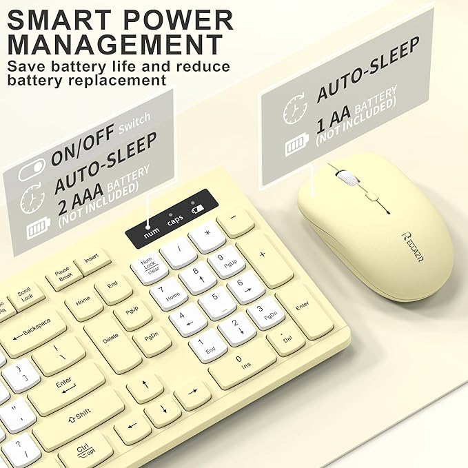 Wireless Keyboard and Mouse Combo, Full-Sized Wireless Keyboard and Adjustable DPI Mouse, 2.4GHz USB Receiver, Silent Keyboard and Mouse for PC, Windows, MAC, Desktop, Laptop (Canary Yellow-B)