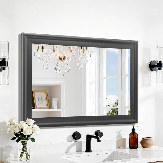 CULER Wall Grey Mirror for Bathroom,Rectangle Rustic 24 x 36 inch Hanging Vanity Mirrors with Wood Grain Finish Frame for Living Room,Bedroom,Entryway