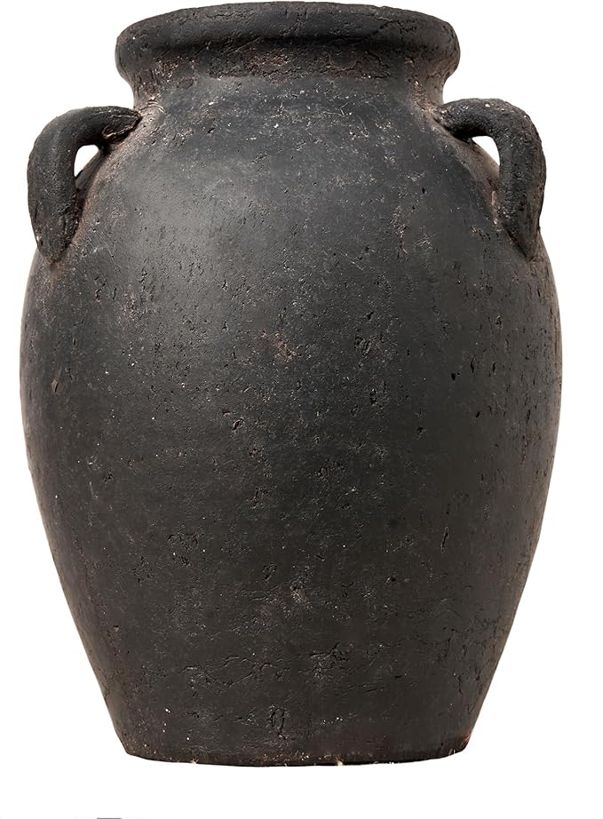 Terracotta Vase with 3 Ear | Handmade Black Ceramic Pottery 9.5'' Tall | Large Distressed Unique Vintage Vase | Rustic Farmhouse Pottery for Flowers | Textured | Wide Mouth | Centerpieces.