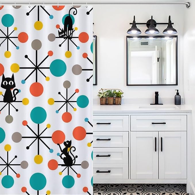 Mid Century Modern Cat Shower Curtain,Atomic Starburst Geometric Diamond Pattern Shower Curtains Set for Bathroom Fabric Decorative Bath Curtain Washable Curtain Hooks, 72x72”