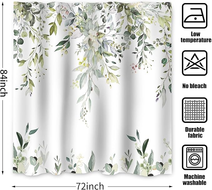 Sage Green Eucalyptus Extra Long Shower Curtain, Watercolor Leaves Plant Spring Floral Waterproof Fabric Machine Washable with Hooks for Bathroom Bathtub Decor 72Wx84H