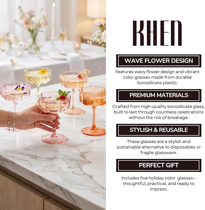 Summer Flower Scalloped Vintage Wavy Petals Wave Glass Coupes 7oz Colorful Martini, Champagne & Cocktails, 5 Set Colored Rippled Champagne Glasses, Elegant Bar Glassware, Aesthetic Coupe Glassware