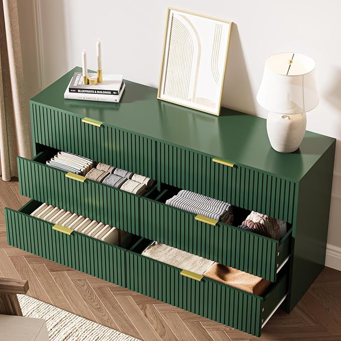 3-Piece Dresser Bedroom Set, 6 Drawer Dresser & 3 Drawer Nightstands with Gold Handles, Fluted Wood Chest of Drawers for Bedroom, Living Room, Entryway, Green