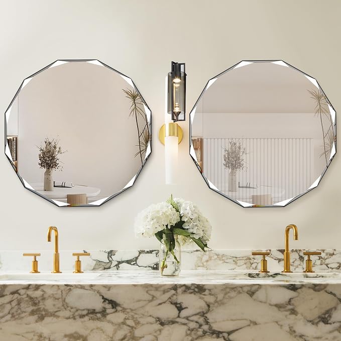 QDSSDECO 24" x 24"Beveled Edge Frameless Wall Mount Mirror, Irregular Shaped, Unique Vanity Mirror, Frameless Wall Mirror for Bathroom, Living Room, Bedroom, Entryway