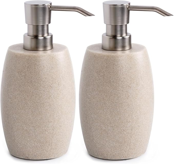 Clasin Home Sandstone Textured Resin Soap Dispenser with Metallic Pump and Waterproof Bottle Labels for Bathroom Kitchen Dish Hand Wash Shower Lotion Shampoo, 12 Oz, 2 Sets Beige