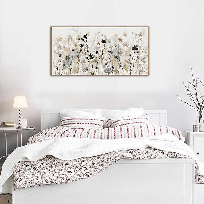 Framed Floral Wall Art Abstract Grey Cream White Grass Flowers Canvas Pictures Modern Landscape Painting Botanical Artwork for Living Room Bedroom Kitchen Office Wall Decor Ready to Hang 29"x58"