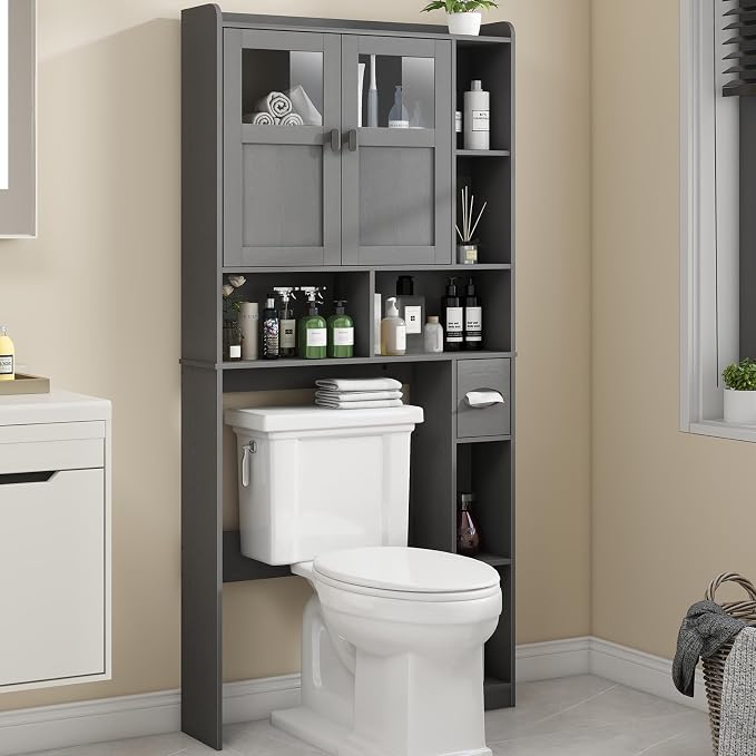 Vabches Over The Toilet Storage Cabinet, Bathroom Shelf Over Toilet with Glass Doors and Adjustable Shelves, Natural Grey Freestanding Home Space Save Toilet Rack, for Restroom, Bathroom, Laundry