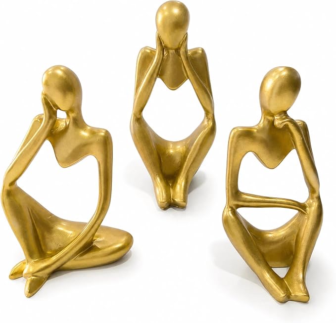 Gold Thinker Statue Set of 3 - Abstract Resin Figurines for Home Decor, Modern Art Sculpture for Office Desk, Bookshelf, Living Room, Minimalist Tabletop Decoration (5 inches)