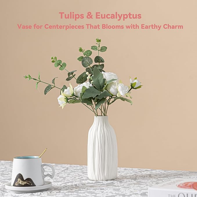 Woodgrain Sculptural Vase - White Matte Ceramic with Vertical Texture, 7.2" Unique Flower Vase for Pampas Grass/Centerpieces, Decorative Farmhouse Vase for Living Room/Office,Ideal Gift for Minimalist