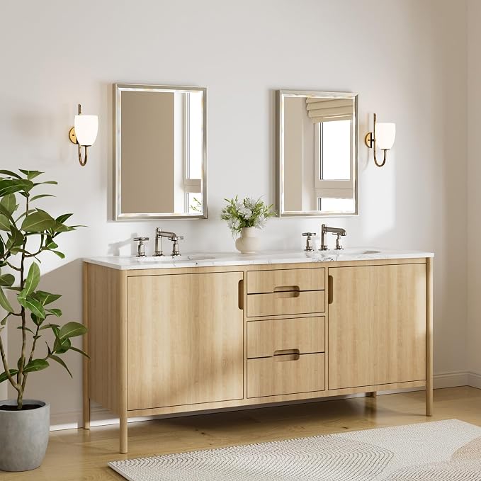 Brushed Nickel Bathroom Mirror, 22x30 Inch Beveled Framed Bathroom Mirror Anti-Rust, Brushed Nickel Metal Frame Bathroom Vanity Mirror for Wall, Vertical/Horizontal Wall-Mounted Mirrors