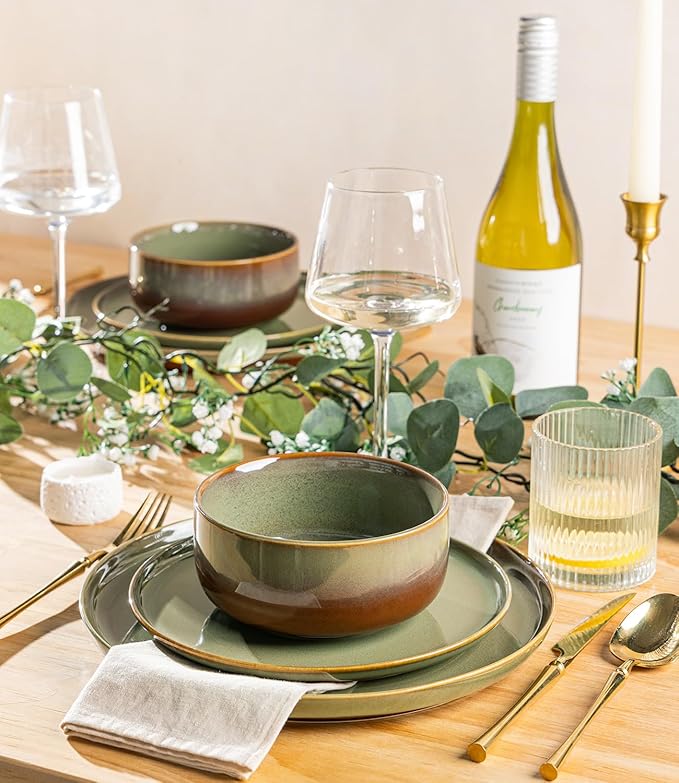 TheTerra Ceramic Dinnerware Sets for 6, 18 Pieces Handmade Reactive Glaze Plates and Bowls Set, Scratch Resistant Dish Set, Oven & Microwave & Dishwasher Safe, Sage Umber