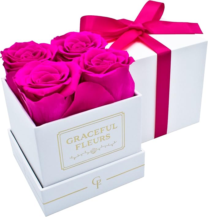 Graceful Fleurs | Real Long Lasting Roses for Years | Preserved Fresh Flowers for Delivery Birthday | Birthday Gifts for Women | Forever Roses in a Box (Radiant Pink, White Box, 4 Roses)