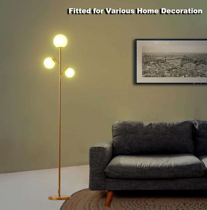 Fiqevs 3 Globe Mid Century Floor Lamp, Vintage Standing Lamp with 3 LED Bulbs & Sphere Frosted Glass Shades, Modern Gold Tree Floor Lamp for Living Room, Bedroom, Office
