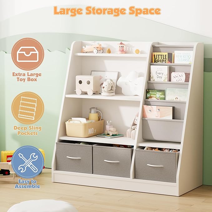 NACHES Kids Bookshelf and Toy Storage Organizer, Montessori Nursery Book Shelves with Sling Rack & Fabric Toy Bins, Children Toddler Baby Bookcase, Wooden Toy Shelf for Kids Room, Playroom, White