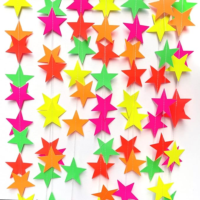 110feet UV Star Paper Neon Garland Streamers Black Light Decorations for Dark Glow Party UV Reactive Party Favors Glow in The Dark Supplies Wedding Birthday Banners