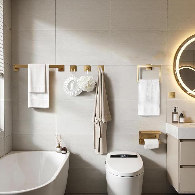 Brushed Gold Bathroom Accessories Hardware Set, 7-Pieces Stainless Steel Towel Racks for Bathroom, 16 Inch Towel Bar, Towel Holders, Updated Toilet Paper Holder with Shelf Wall Mounted